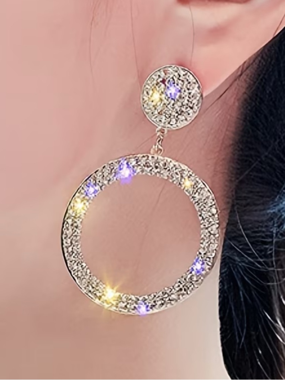 Silver Crystal Hoop Drop Earrings - Sparkling Silver Statement - Picture 3 of 3